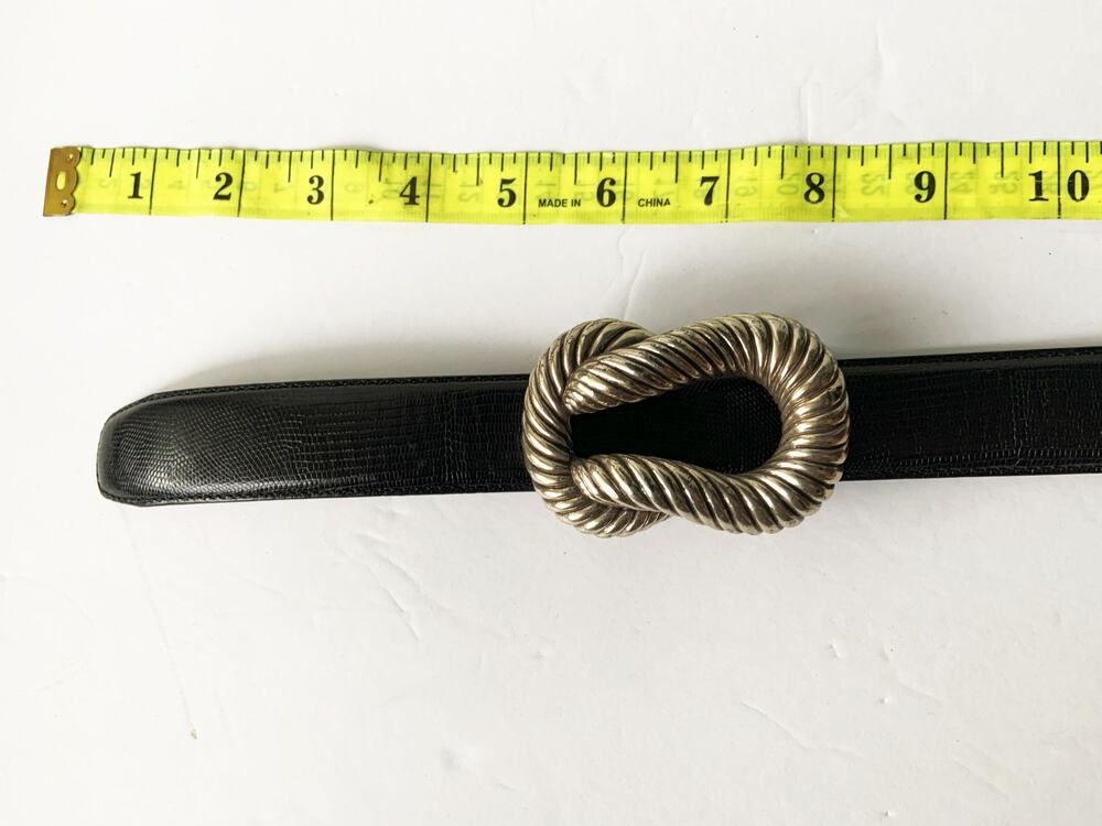 Terry Stack Italian Leather Black Belt Silver Braided Knot Buckle Size M Z27